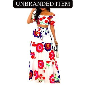 Floral Backless Lace-Up, Crop Top & Tie Waist Bodycon Tiered Skirt, NWOT